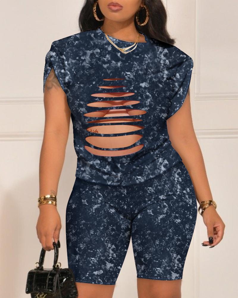 

Ladder Cutout Top & High Waist Shorts Set, Dark blue