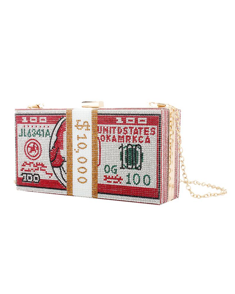 

Dollar Pattern Studded Beaded Chain Bag, Red