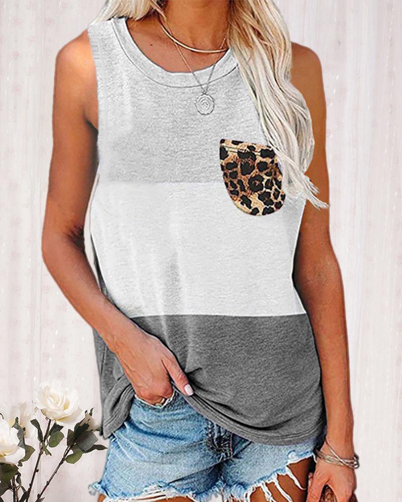 

Leopard Print Colorblock Pocket Design Tank, Gray