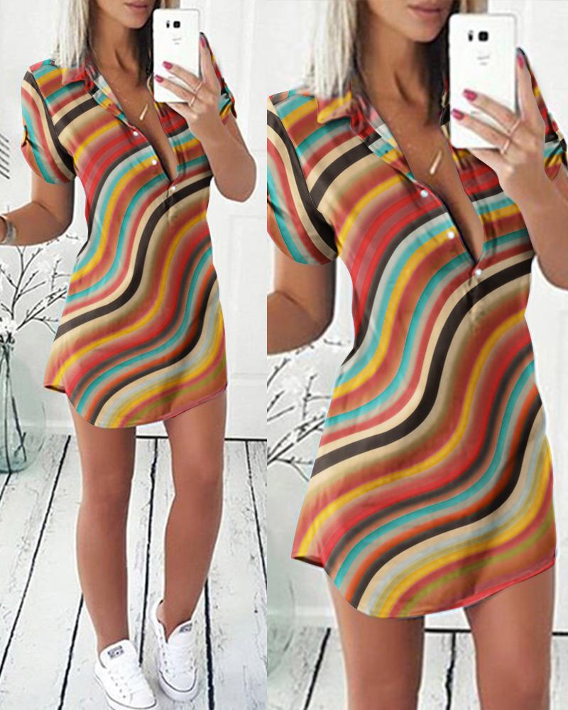 

Rainbow Stripe Print Button Front Shirt Dress, Multicolor