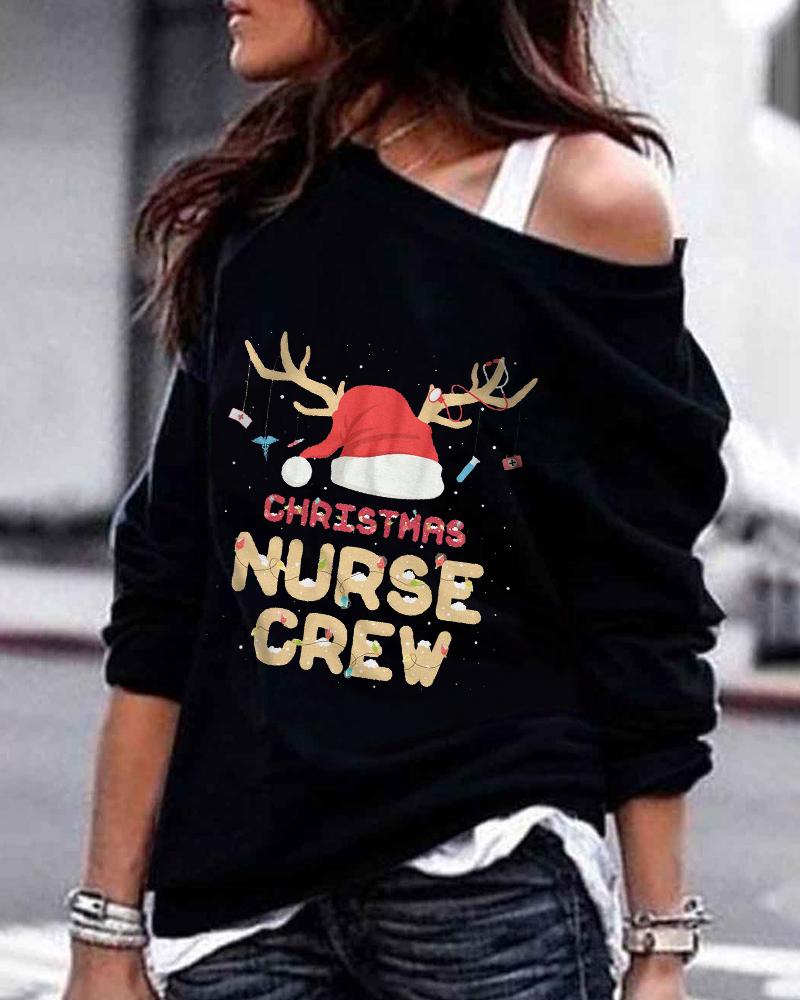 

Christmas Letter Print Cold Shoulder Sweatshirt, Black