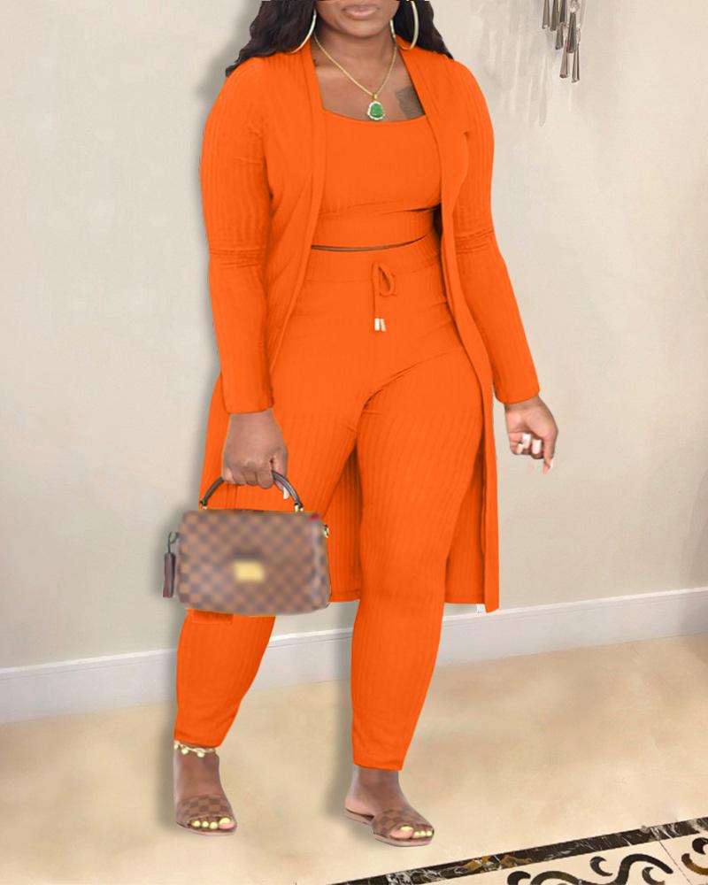 

3PCS Plus Size Ribbed Cami Top & Pants Set With Longline Coat, Orange