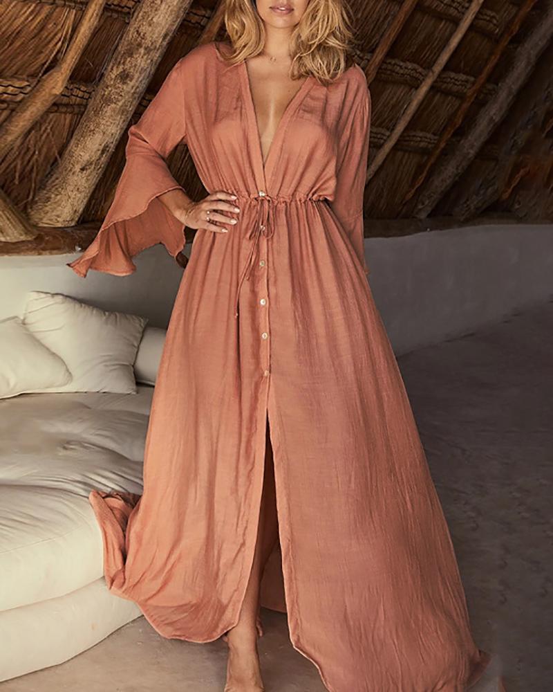 

Tied Detail Bell Sleeve Button Decor Cover Up Dress, Red