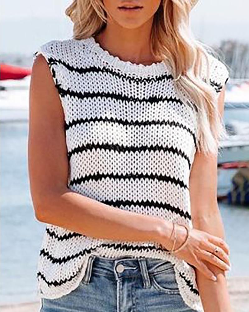 

Striped Print Sleeveless Casual Knit Top, White