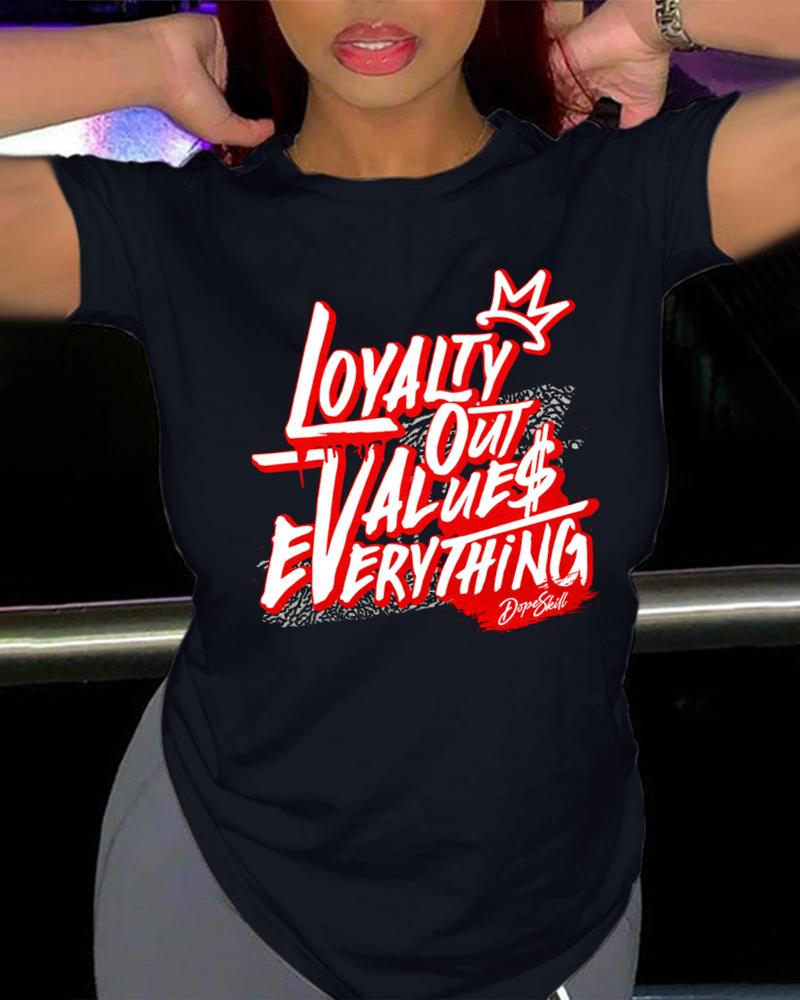 

Plus Size Loyalty Out Values Everything Print T-shirt Graphic Tee, Black