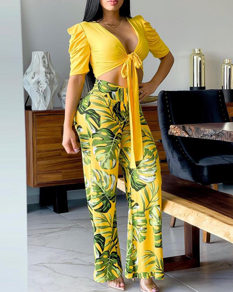 

Puffed Sleeve Knotted Design Top & Tropical Print Pants Set, Yellow