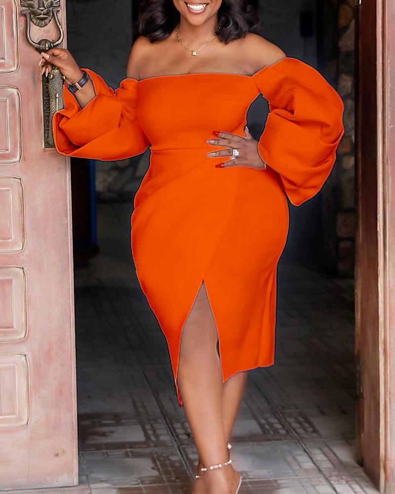 

Off Shoulder Puff Sleeve Ruched Evening Dress, Orange
