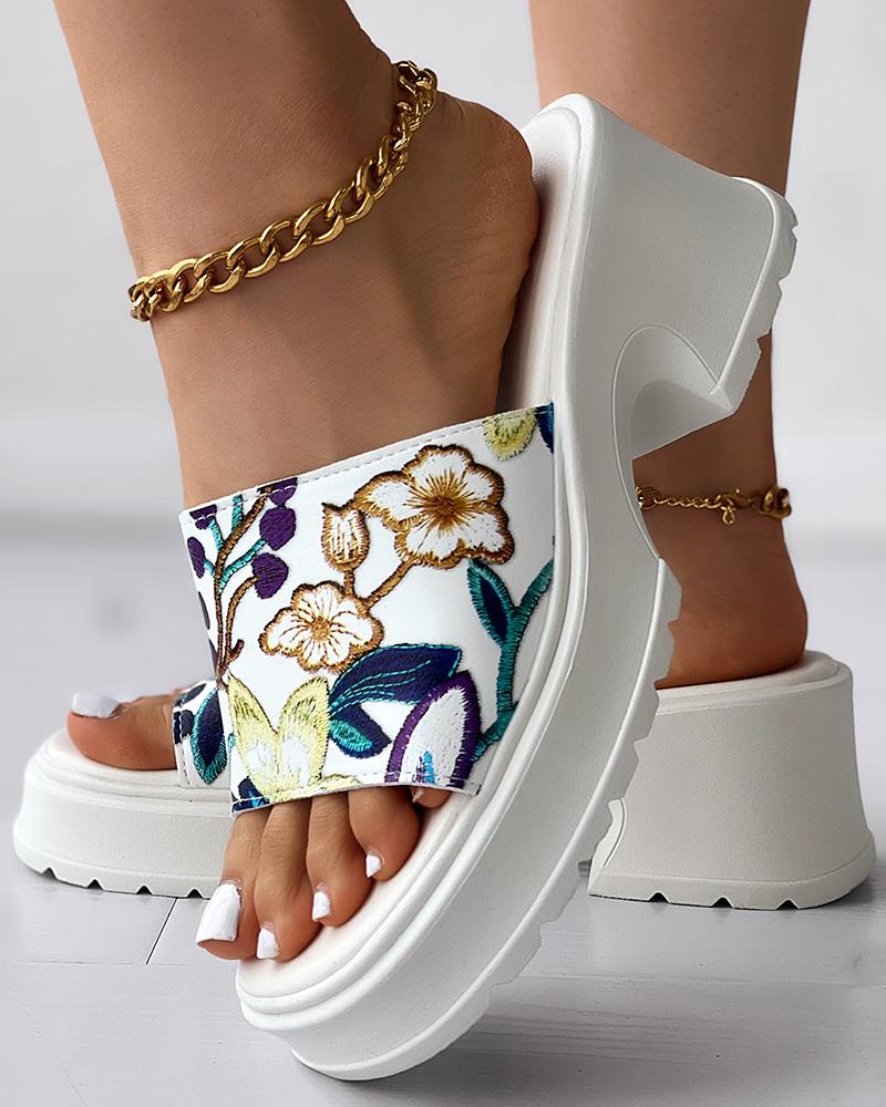 

Floral Embroidery Platform Wedge Slippers, White&purple