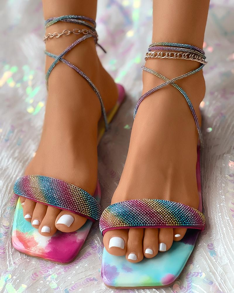 Rhinestone Decor Square Toe Bandage Sandals 