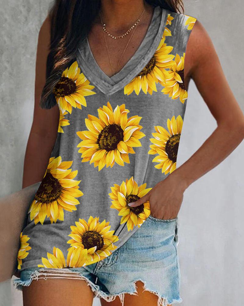 

Sunflower Print V-neck Tank Top, Gray