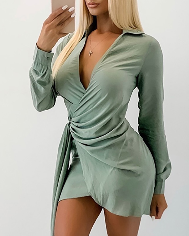 

Plain Wrap Ruched Long Sleeve Shirt Dress, Green