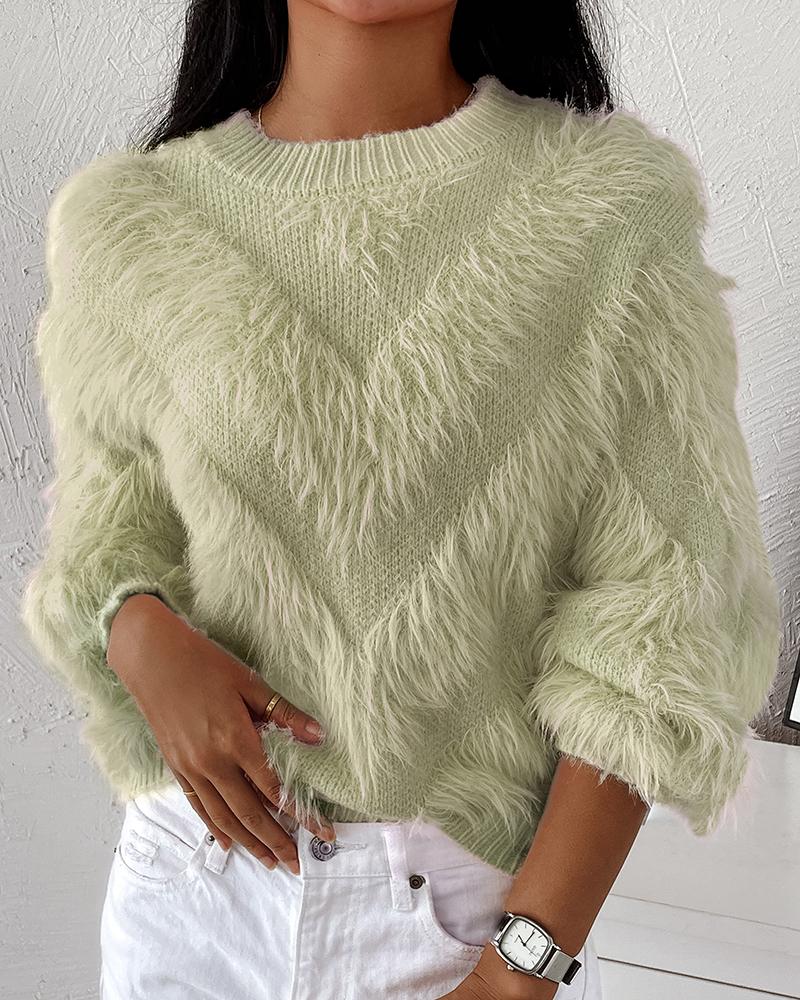 

Chevron Pattern Fluffy Tassel Design Sweater, Green