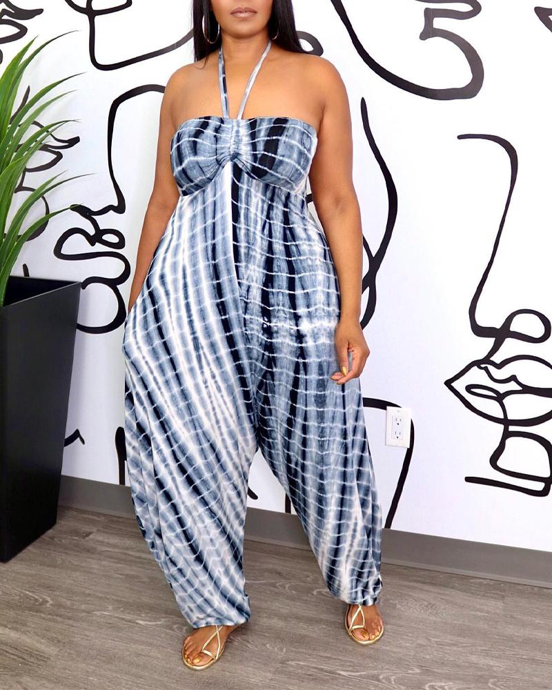 

Tie Dye Print Halter Pocket Design Jumpsuit, Blue