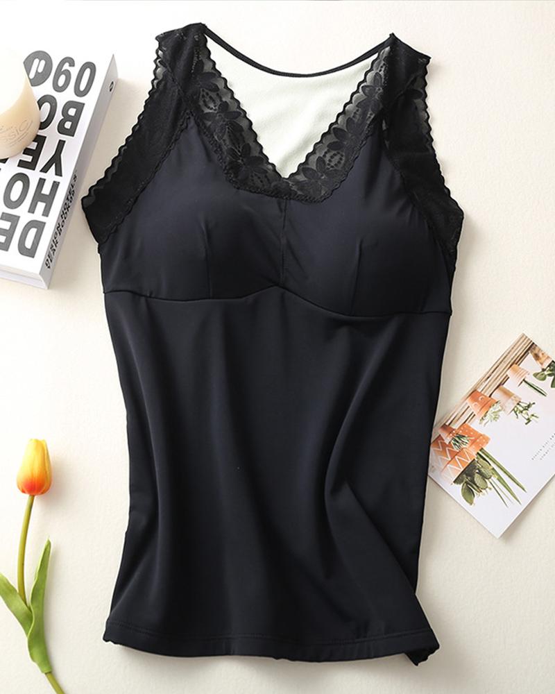 

Floral Print V Neck Lace Trim Padded Vest Thermal Underwear Base Shirt, Black