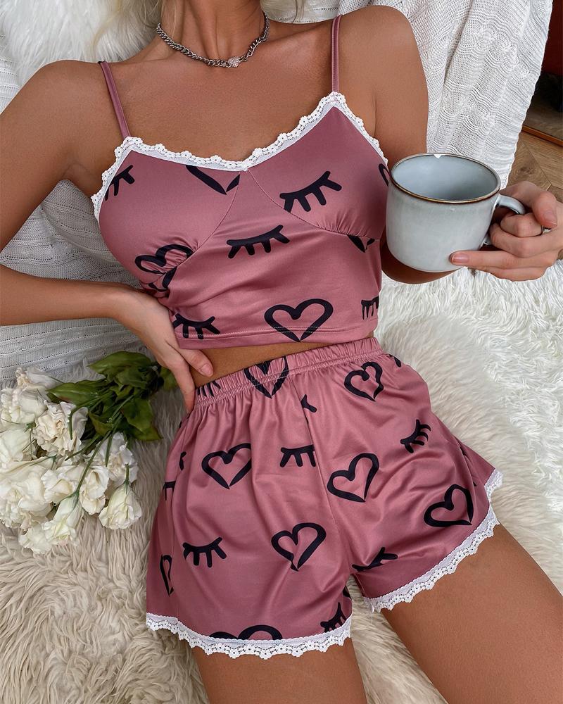 Heart Cartoon Print Lace Patch Cami Set