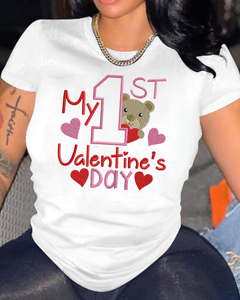 

Valentine' Day Letter Bear Pattern Short Sleeve T-shirt, White