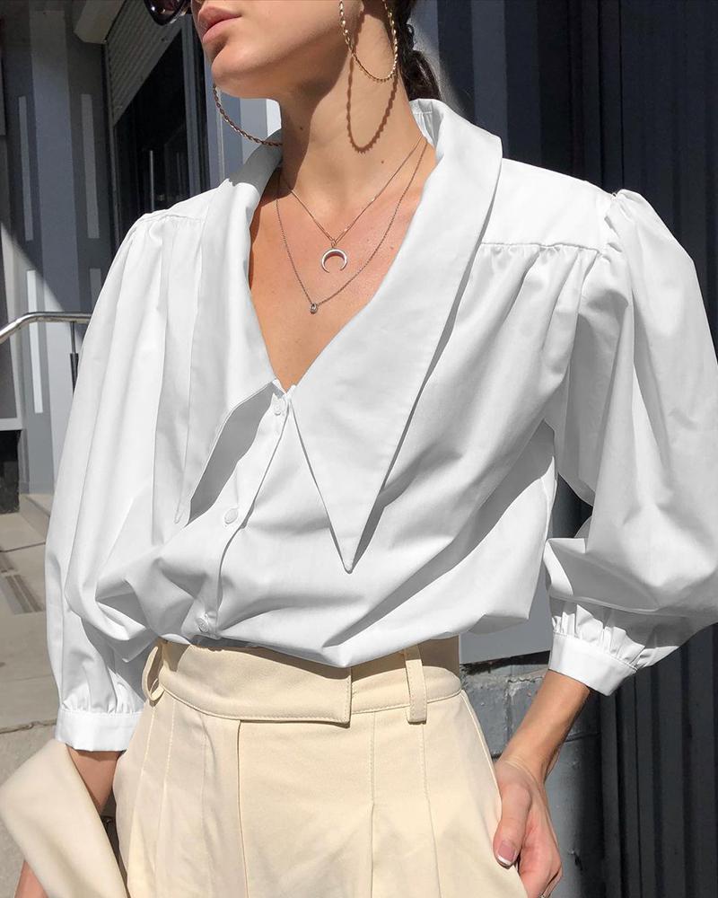 

Puff Lantern Sleeve Button Front Top, White