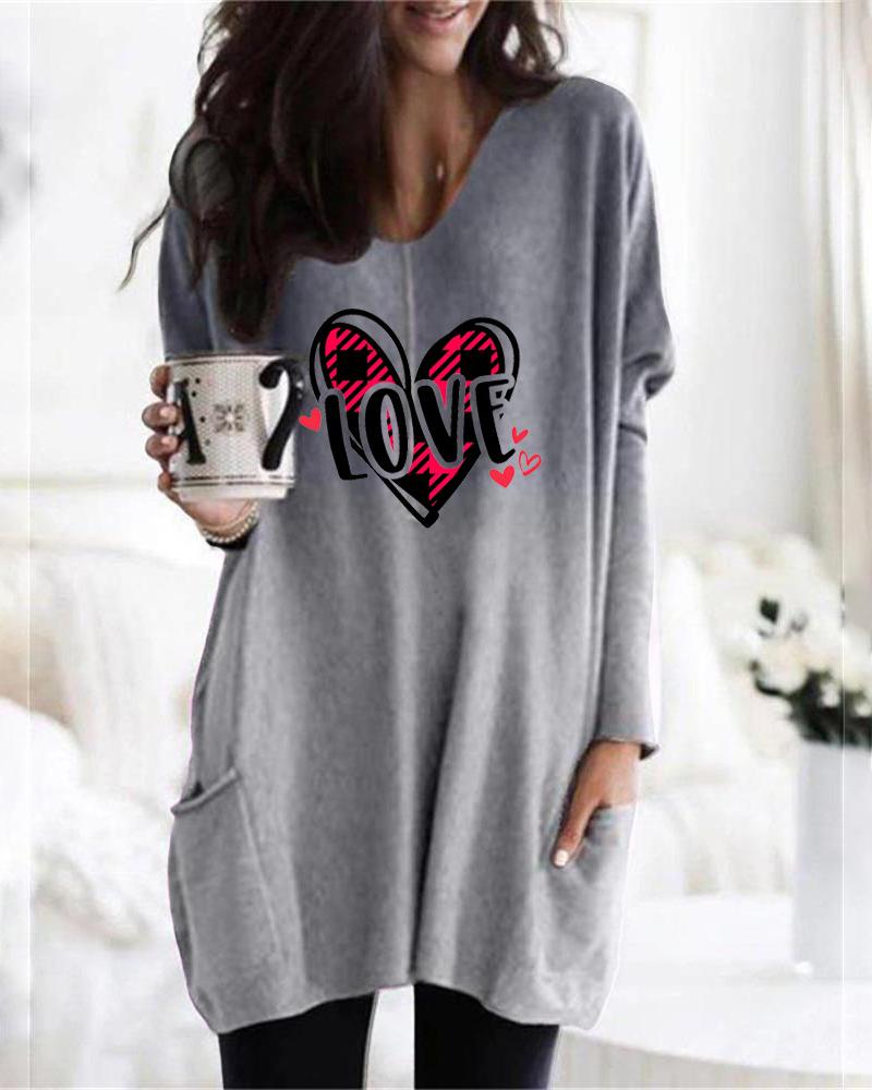 

Valentine' Day Letter Heart Print Ombre Casual Top, Gray