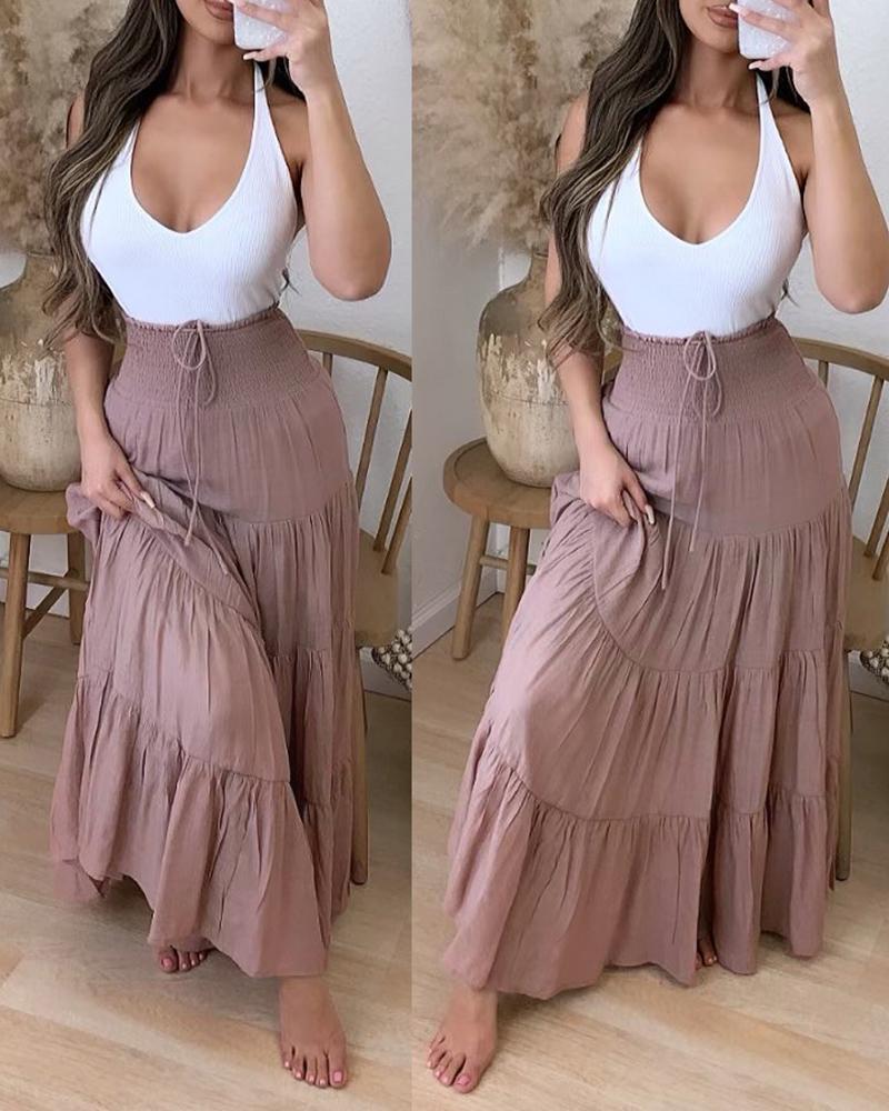 

High Waist Drawstring Shirring Detail Maxi Skirt, Khaki