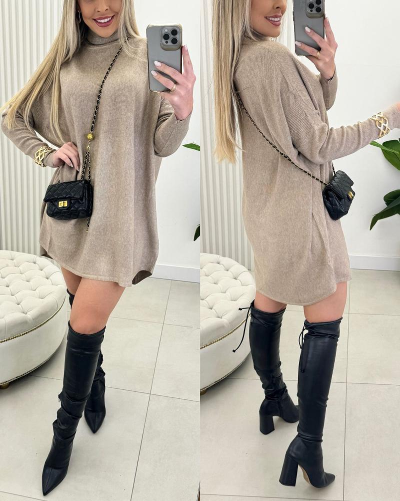 

High Neck Batwing Sleeve Sweater Dress Knitted Casual Dress, Apricot