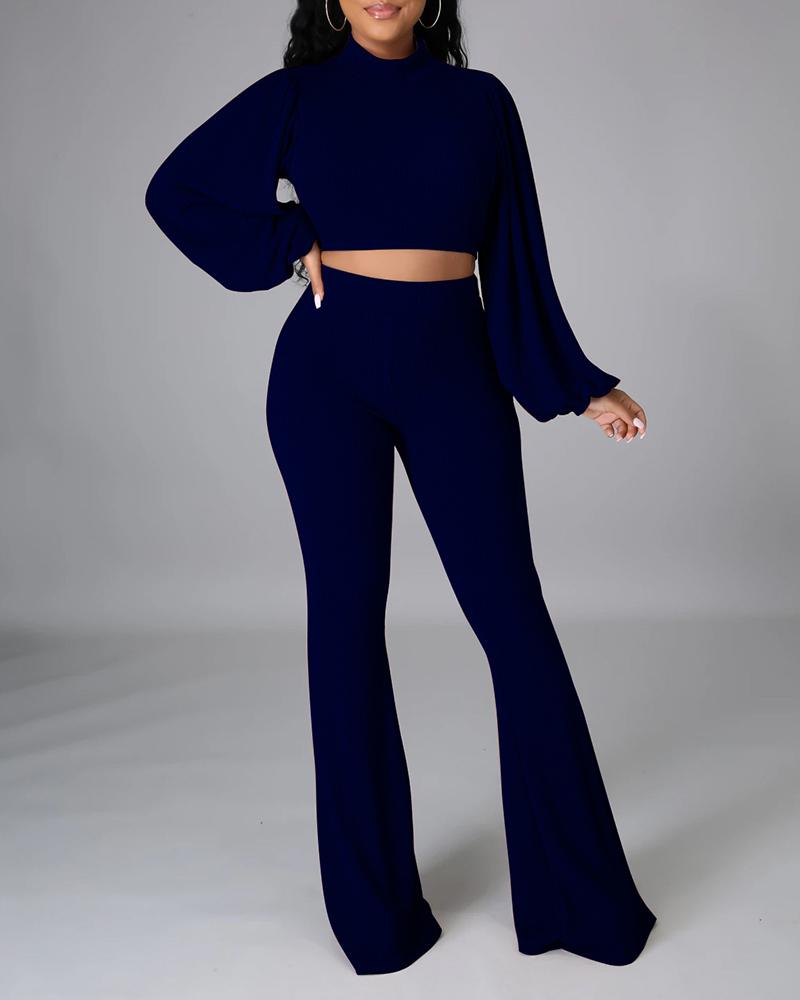 

Ribbed Lantern Sleeve Top & Bootcut High Waist Pants Set, Blue