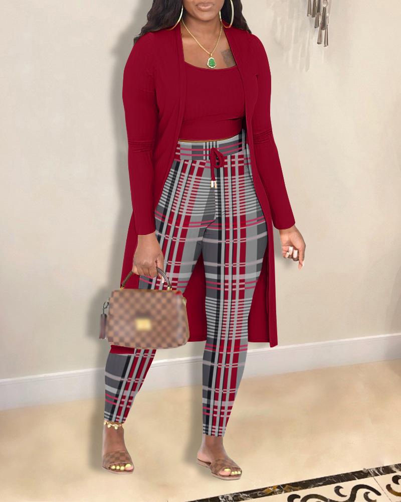 3PCS Cami Top & Plaid Print Pants Set With Longline Coat