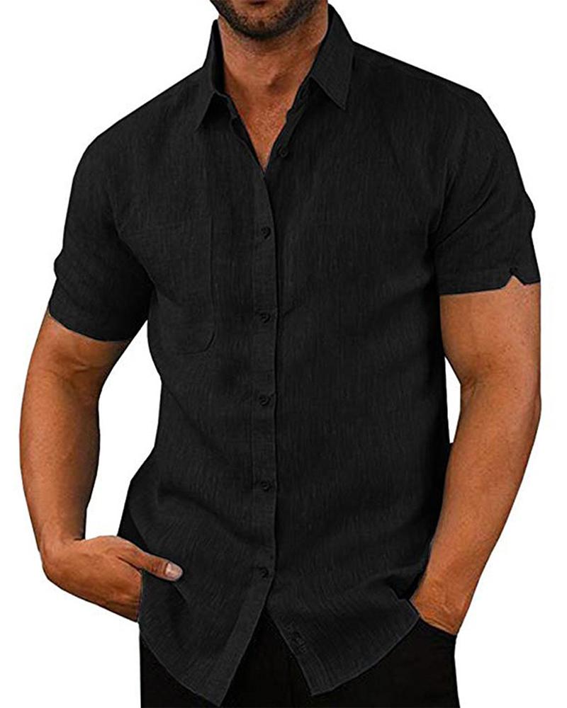 

Solid Short Sleeve Button-up Shirts, Black