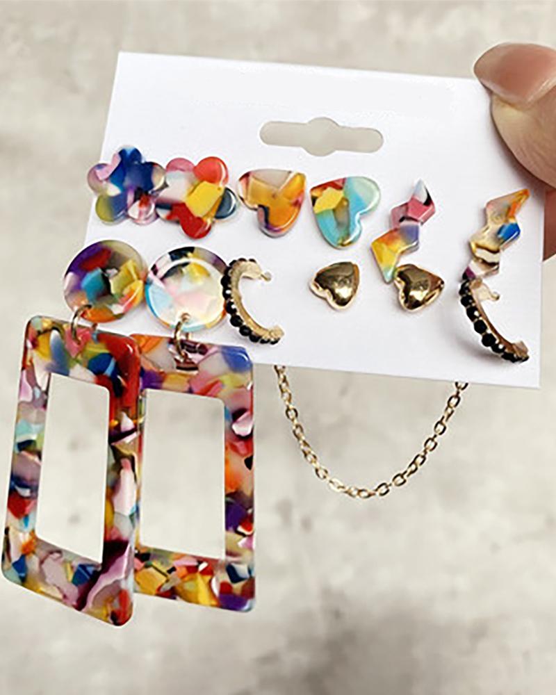 

6Pairs Floral Heart Pattern Rhinestone Drop Earrings Set, Style1
