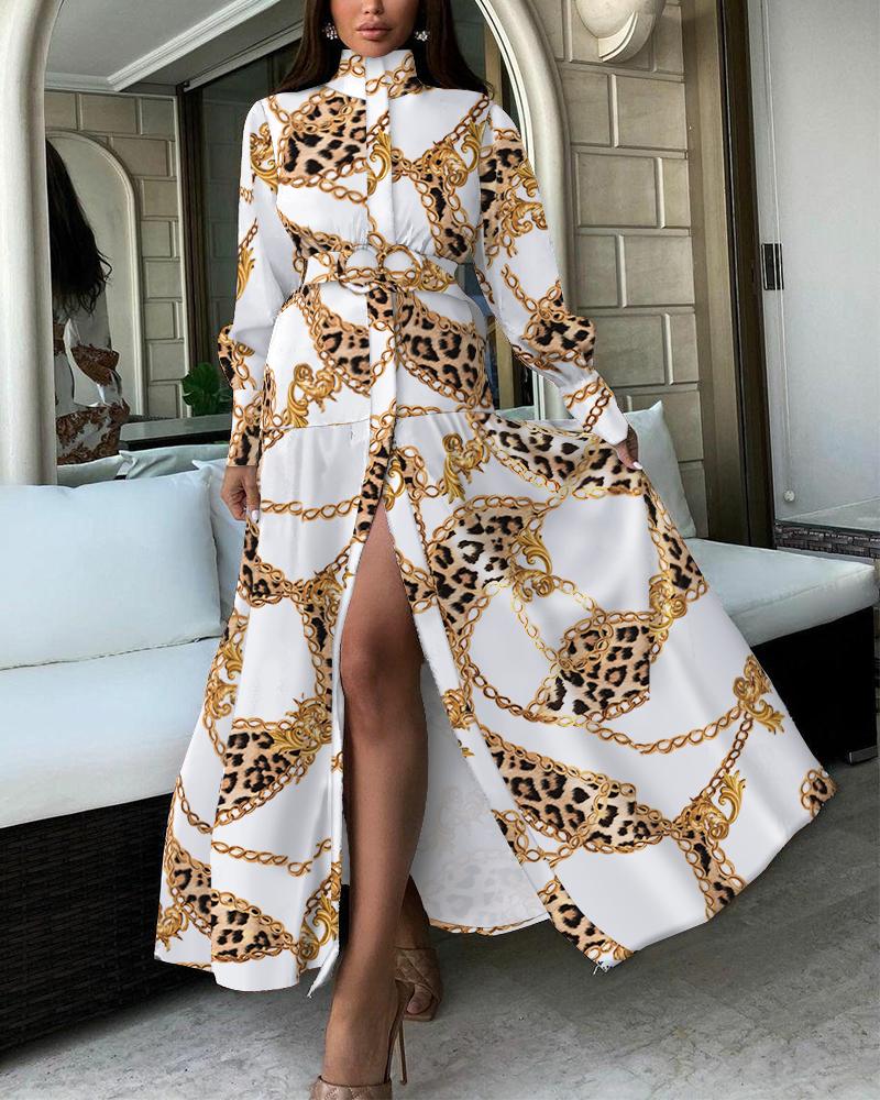 

Cheetah Chain Print Button Front Dress With Belt, White