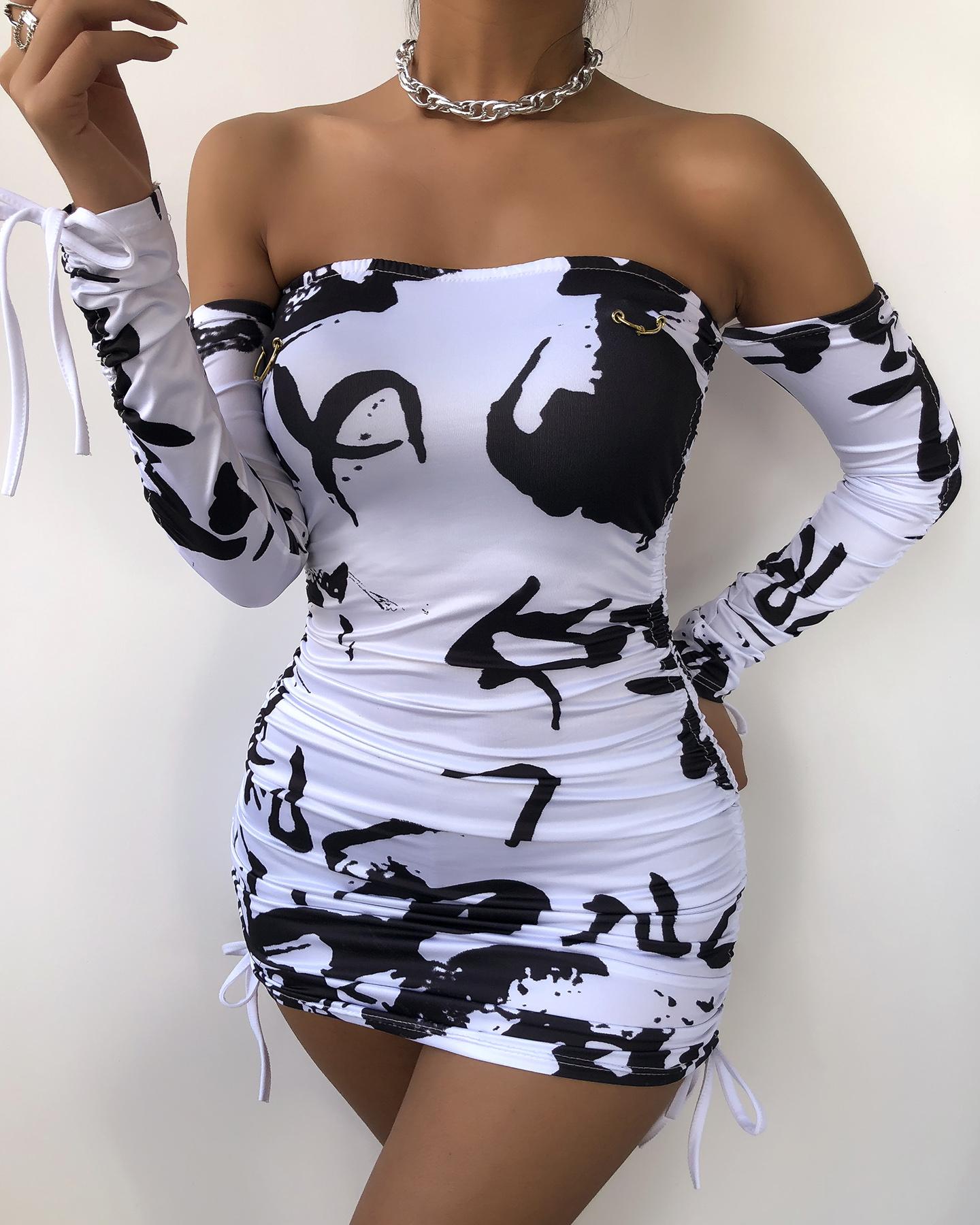 

Splash Ink Print Off Shoulder Bodycon Dress, White