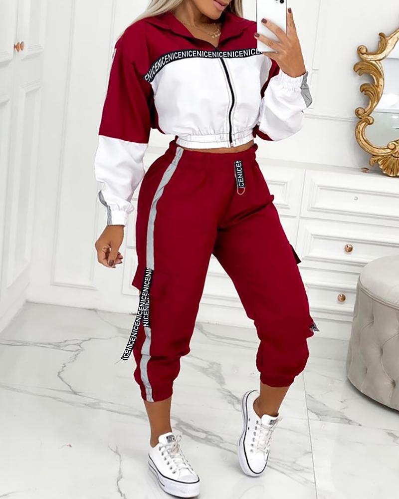 

Letter Tape Zip Front Hooded Top & Cargo Pants Set, Red