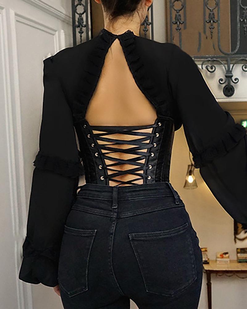 

Strappy Lace Up Long Sleeve Women Top, Black