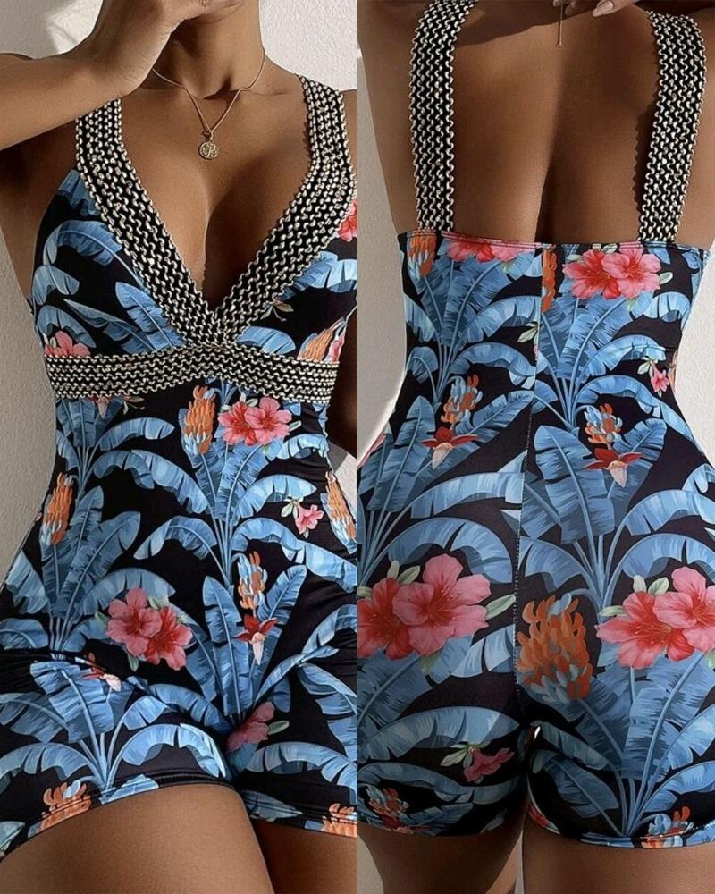 

Tropical Print Sleeveless One-Piece Swimsuit, Blue