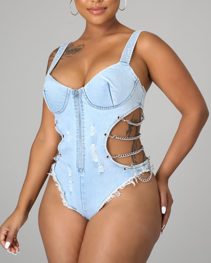 

Cutout Chain Decor Ripped Raw Hem Denim One-Piece Swimsuit, Blue