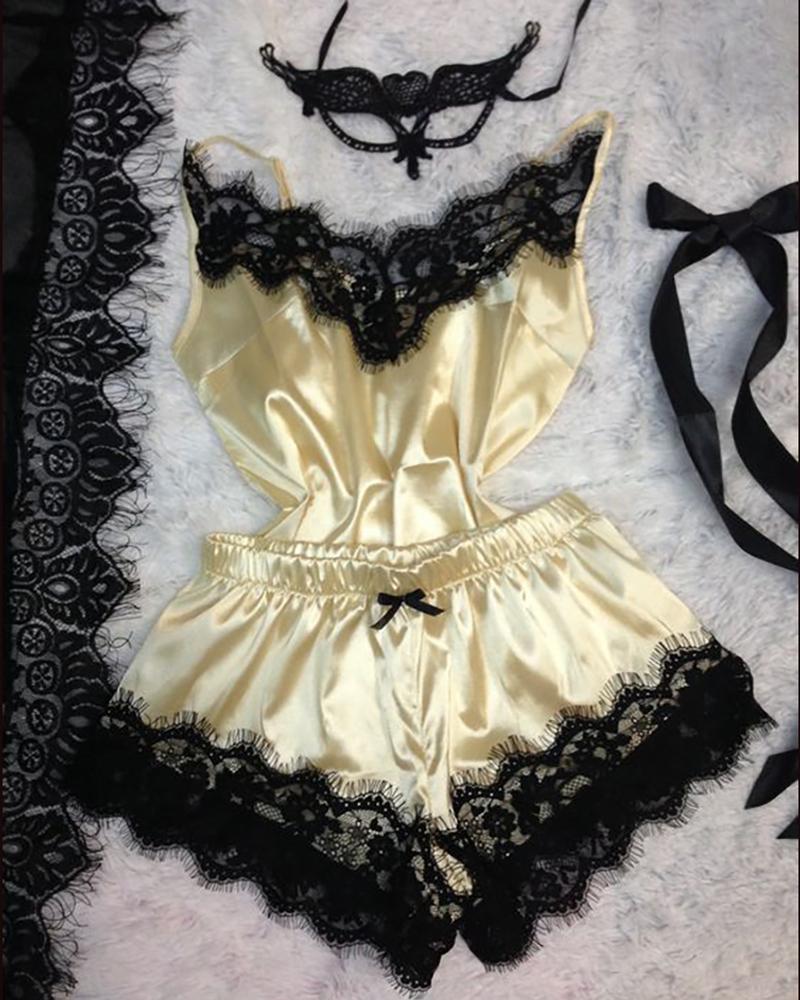 

Eyelash Lace Trim Satin Cami Set, Champagne