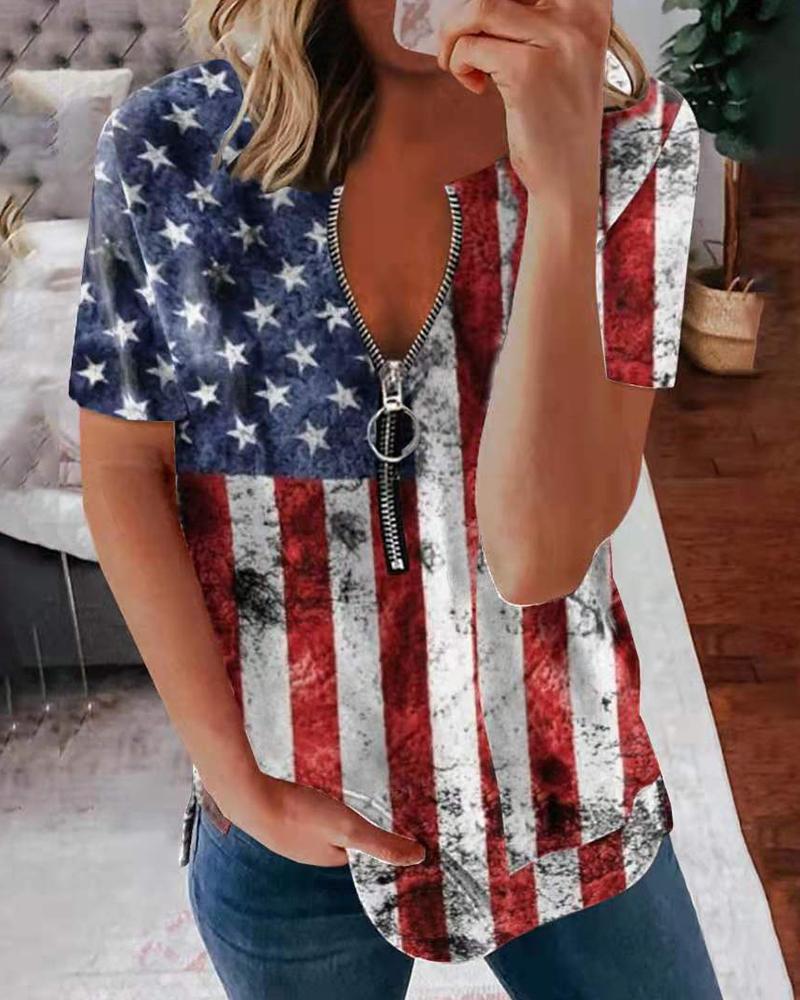 

Independence Day Flag Print Zip Front Casual T-shirt, Style1