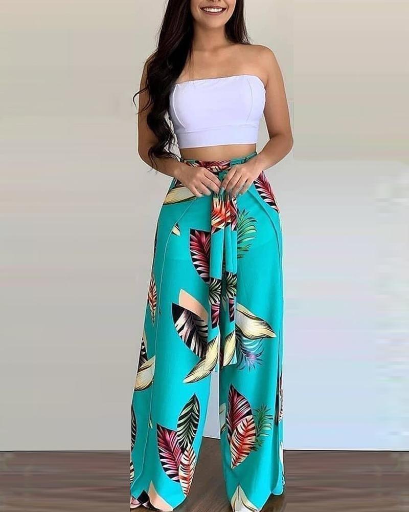 

Solid Color Sleeveless Tank Top With Multicolor Leaves Print Lace-up Wide Leg Pants Suit Sets, Style1