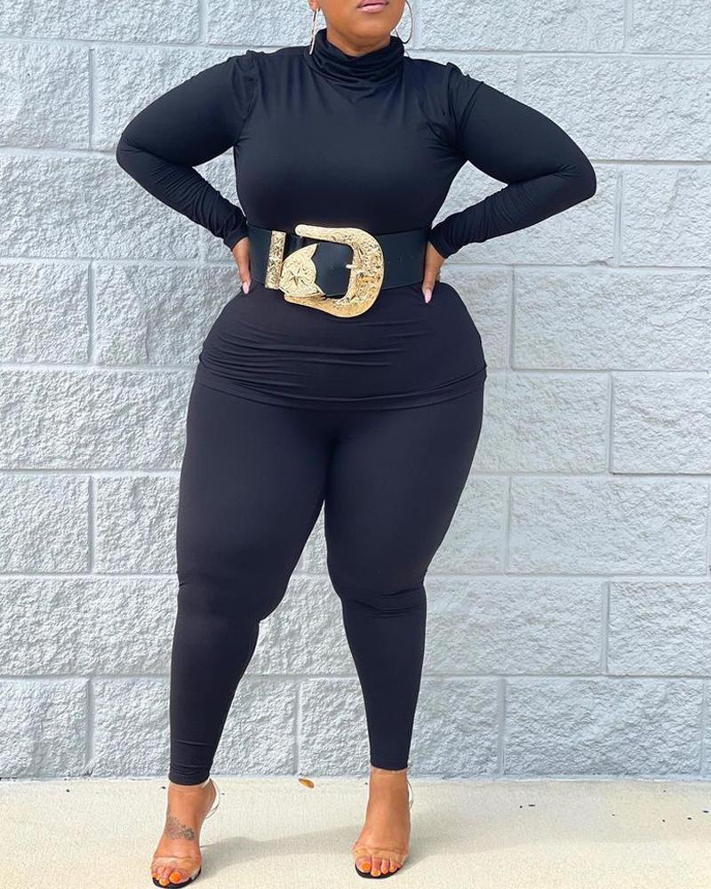 

Plus Size Long Sleeve High Neck Top & Pants Set, Black