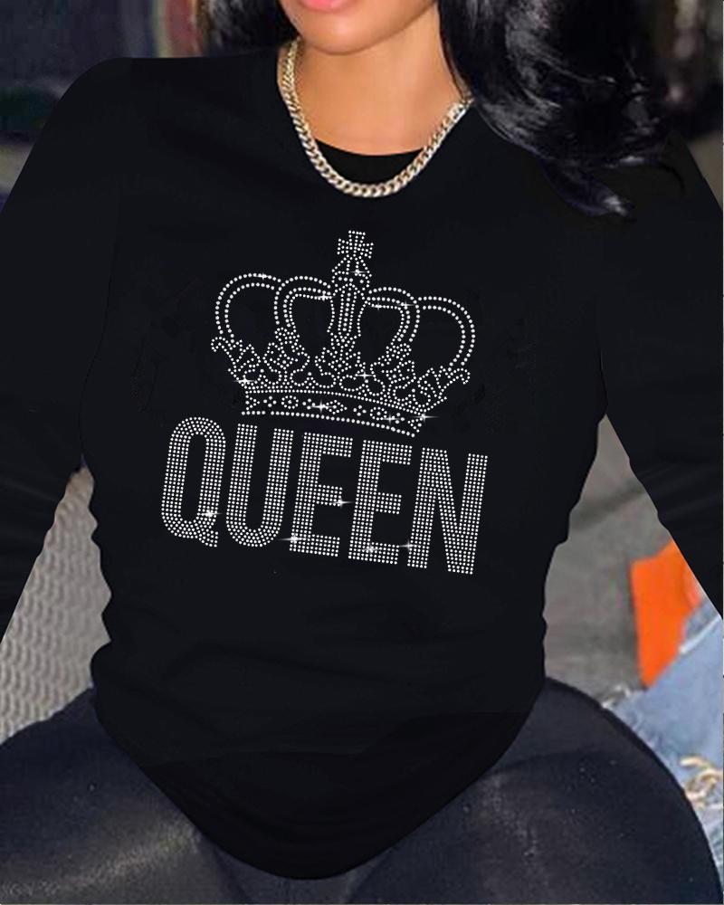 

Rhinestone Letter Crown Pattern Long Sleeve Top, Black