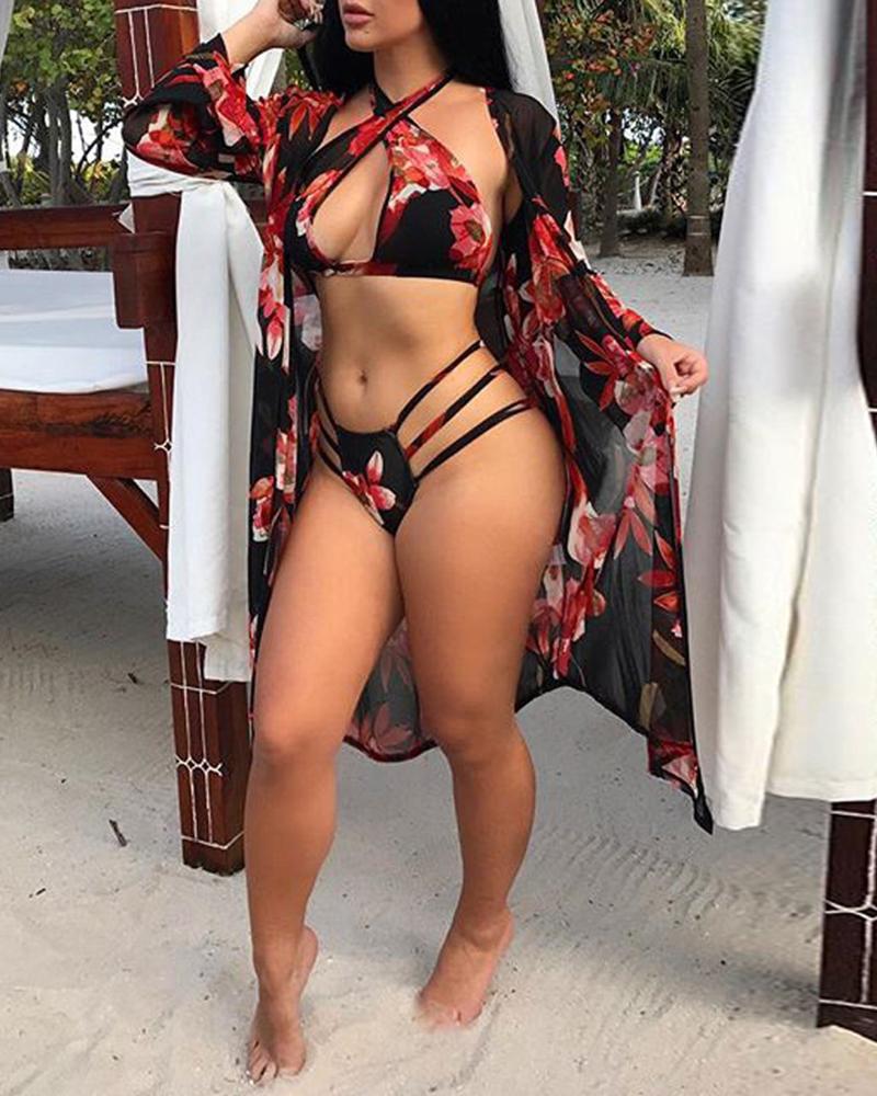 

3PCS Print Halter Bikini Swimsuit Cover Ups, Black