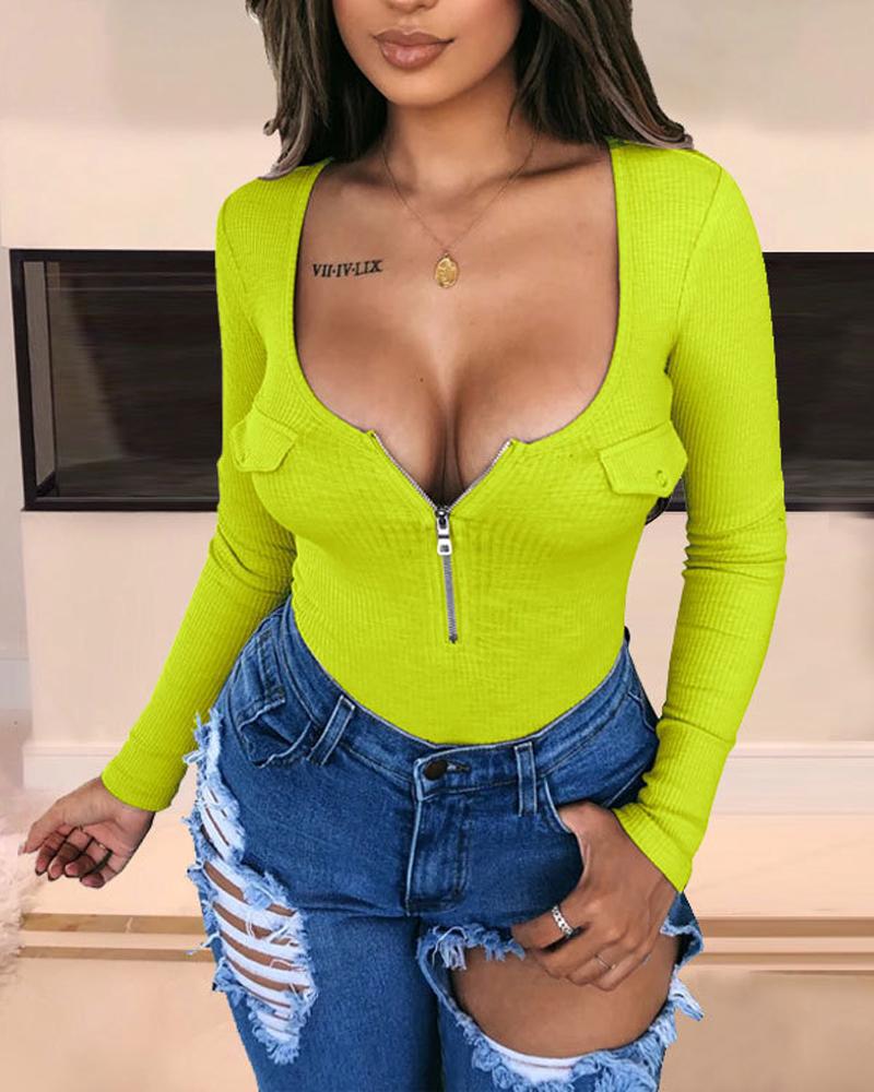 

Long Sleeve Zipper Front Bodysuit, Lvs green