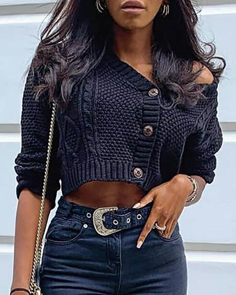 

Knit Button Design Long Sleeve Crop Cardigan, Black