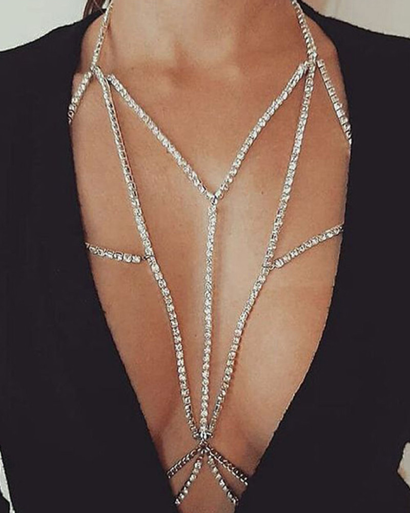 

Cutout Layered Rhinestone Decor Body Chain, Silver