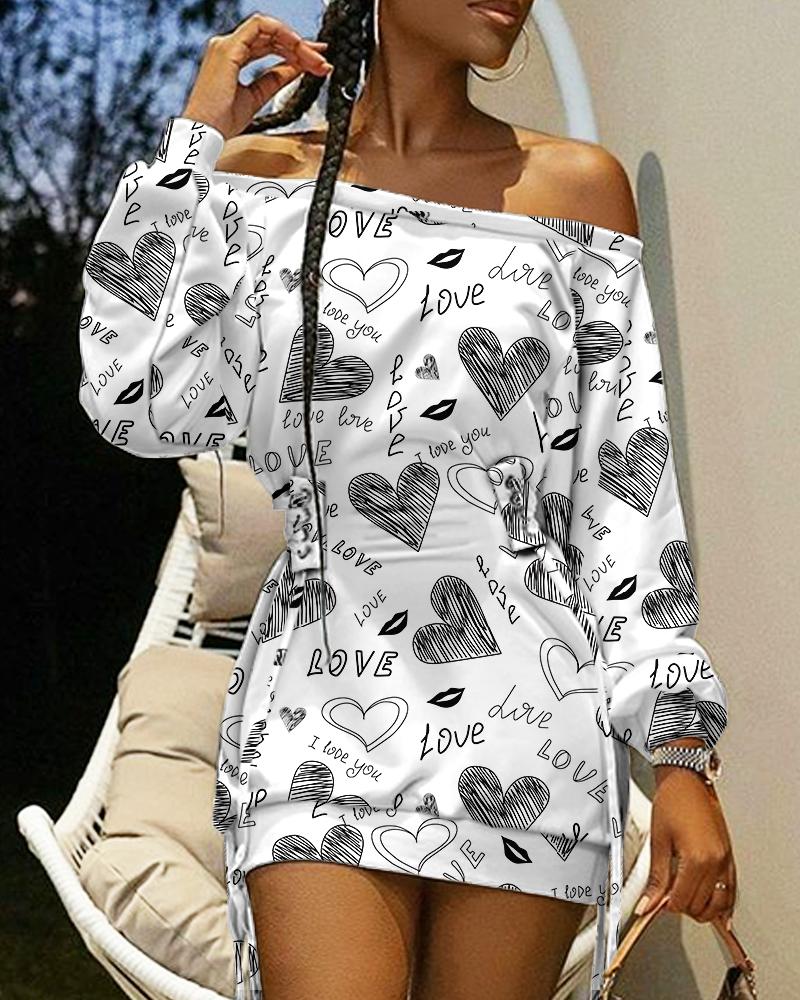 

Mother' Day Letter Heart Print Off Shoulder Lace-Up Eyelet Casual Dress, Black&white