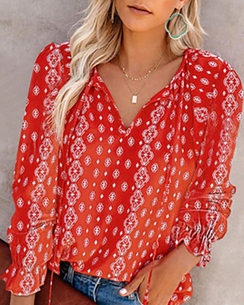 

Graphic / Floral Print Long Sleeve Frill Hem Top, Style1