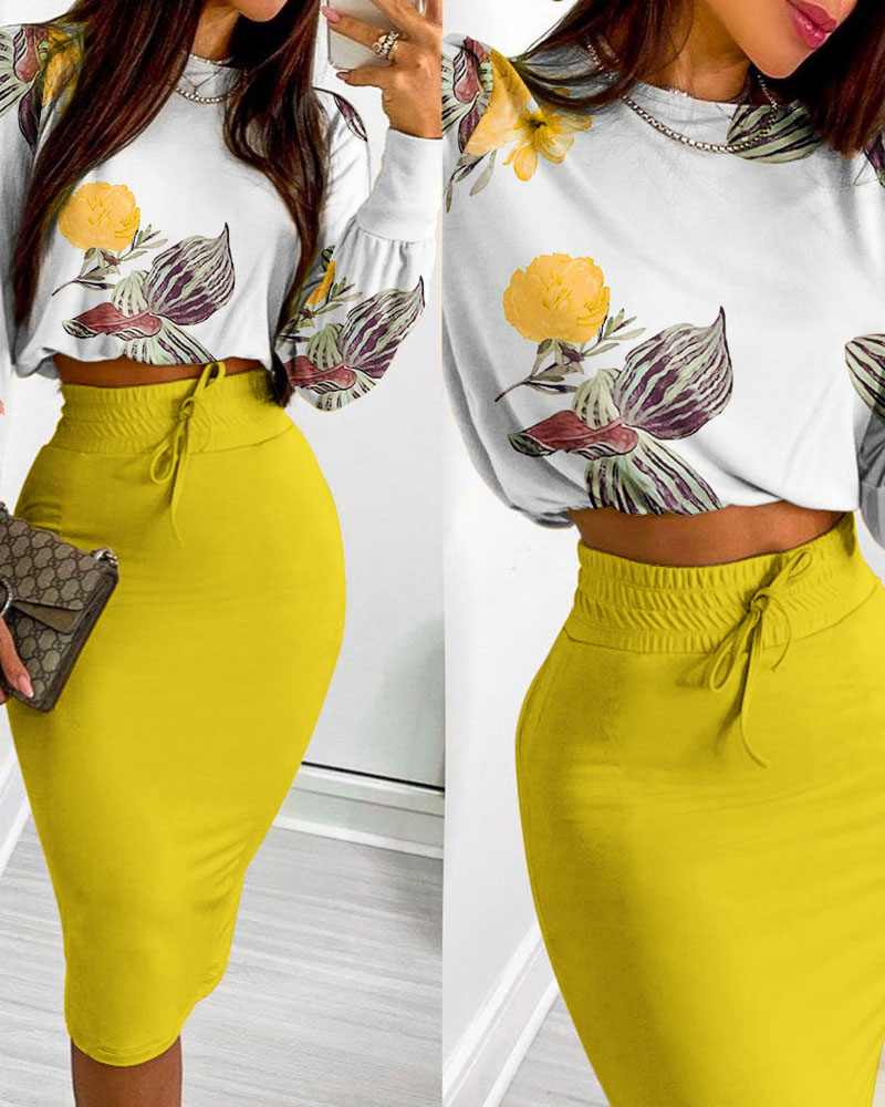 

Floral Print Long Sleeve Crop Top & Drawstring Skirt Set, Yellow