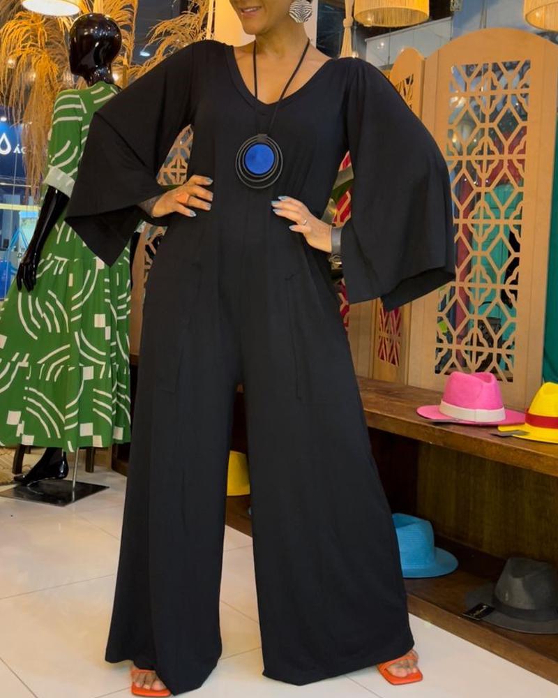 

Plain V-Neck Pocket Design Casual Jumpsuit, Black