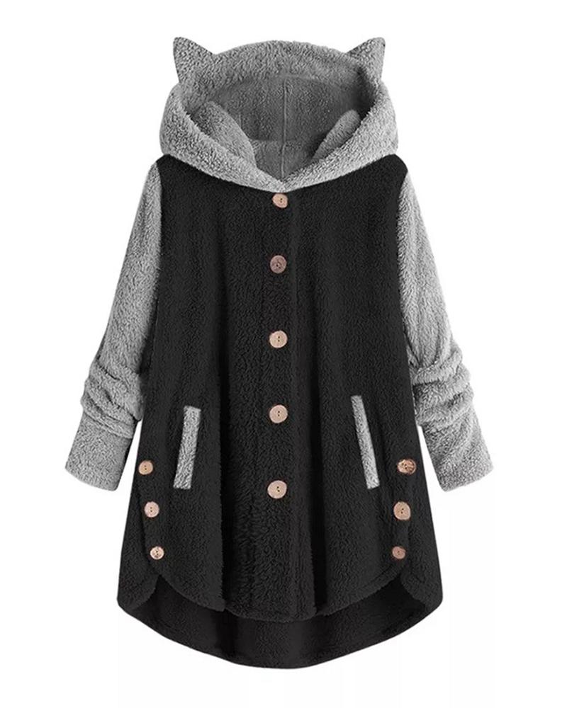 

Plus Size Contrast Paneled Long Sleeve 3D Cat Hooded Teddy Coat, Black