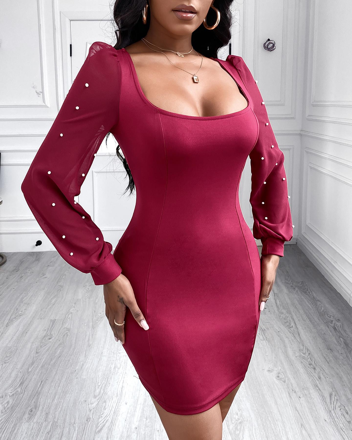 

Sheer Mesh Puffed Sleeve Beaded Bodycon Women Dress, Wine red