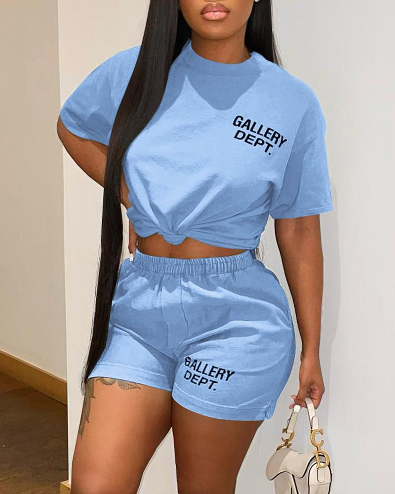 

Letter Print Top & High Waist Shorts Set, Blue
